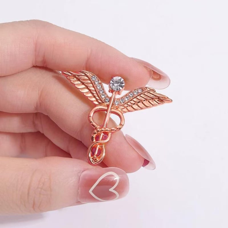 QIAN0813 Medical Symbol Caduceus Stethoscope RN Nursing Badge Brooches Lapel Pin for Registered Nurse Doctor Rod Of Asclepius Emergency Brooch Jewelry (Angel Wing-Rose Gold) - Image 2